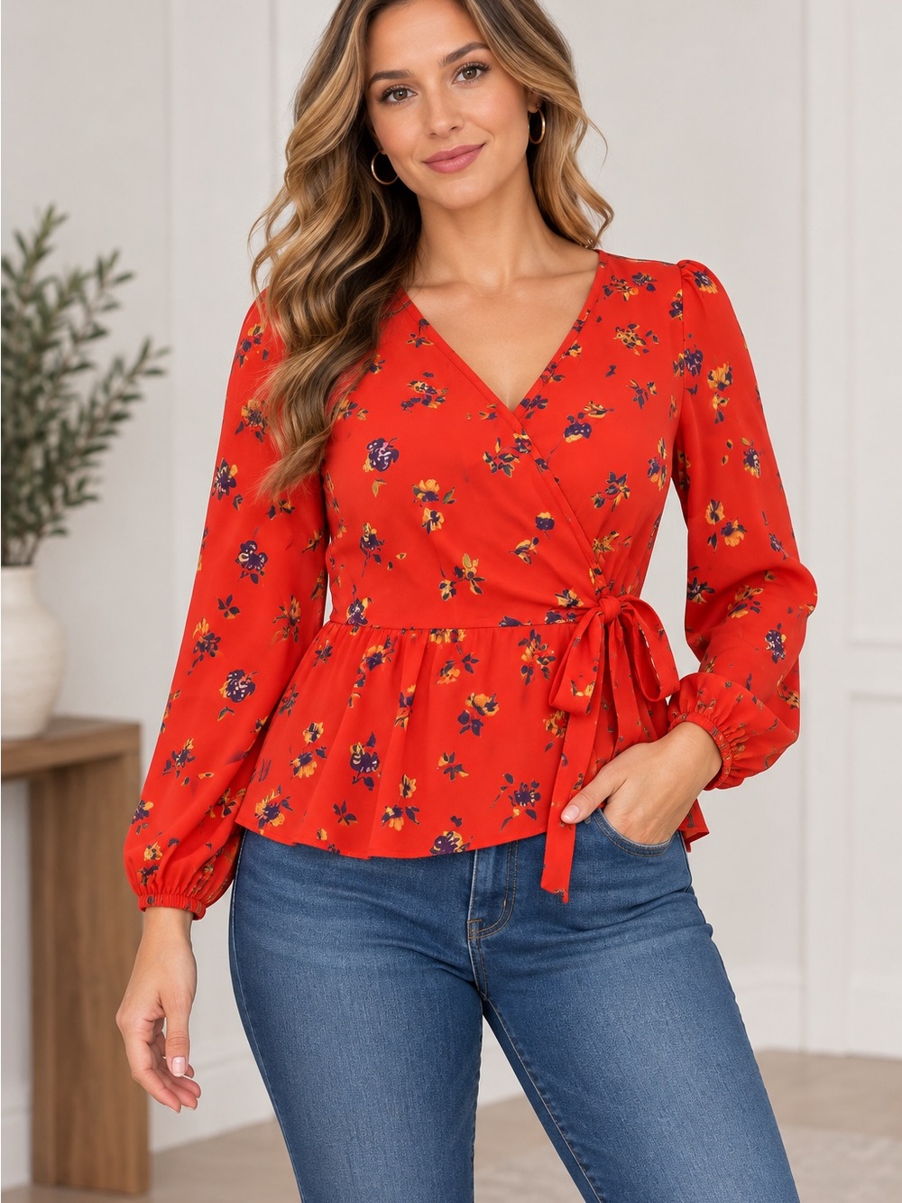 Red Floral Wrap Tie-Waist Blouse